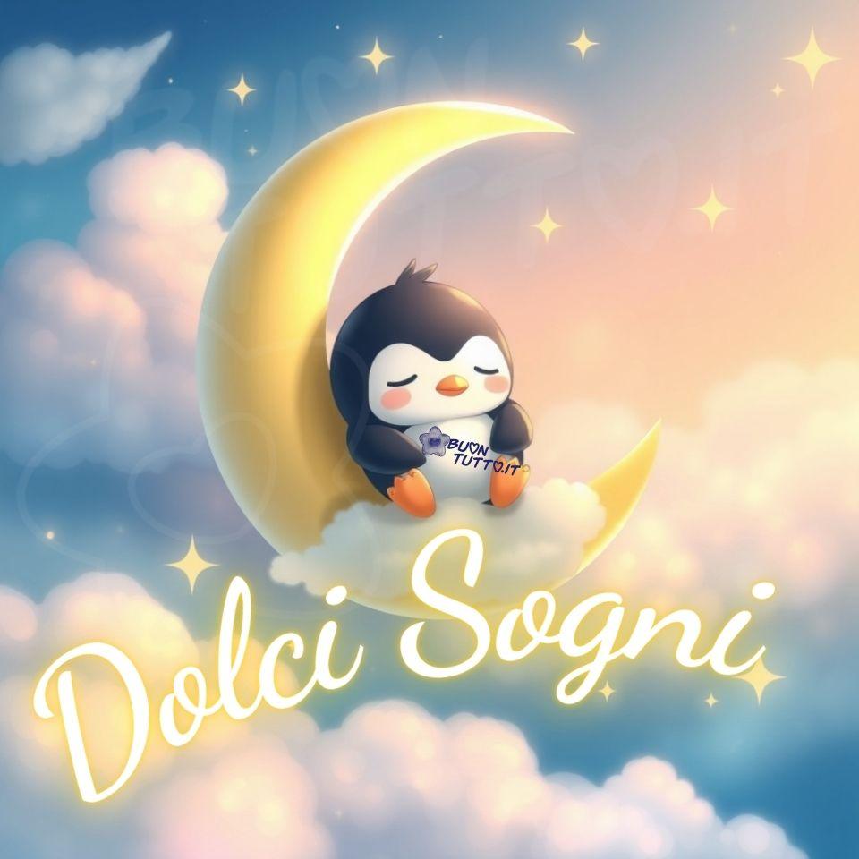 immagini-di-buonanotte-dolci-sogni-pinguino-dorme-luna-nuvoletta-tenero-dolce-bellissima-cartoon-scaricare-gratis-buontutto Disegno di un pinguino in stile cartone animato, raffigurato mentre dorme. Il pinguino è sdraiato su una mezzaluna. La luna ha una superficie liscia, di colore giallo chiaro e leggermente sfumata, e poggia su una nuvola bianca molto morbida, tondeggiante e vaporosa che ne sostiene la base. Il pinguino ha il corpo arrotondato, il dorso nero e il ventre bianco. Le guance sono leggermente rosate. Gli occhi sono chiusi, il becco è piccolo e arancione, e l’espressione è serena e rilassata, come se stesse dormendo profondamente. Le ali sono distese lungo i fianchi, in una posizione di riposo. Lo sfondo è un cielo notturno dai toni pastello, con sfumature di rosa, lilla e azzurro che si fondono tra loro. Diverse nuvole leggere sono sparse nell’aria, alcune più dense e altre appena accennate. Tra le nuvole brillano piccole stelle gialle, distribuite in modo uniforme, che contribuiscono a creare un’atmosfera calma e ovattata. Nella parte bassa dell’immagine compare la scritta: Dolci Sogni, disposta in forma semicircolare e realizzata con un carattere corsivo elegante, di colore bianco luminoso con contorno giallo brillante. L’insieme trasmette una sensazione di quiete, pace, affetto, tranquillità, serenità e riposo. Una raccolta di nuove bellissime immagini della Buonanotte da scaricare gratis e condividere con amici, cari, familiari, parenti gruppi tramite WhatsApp, Facebook, X Twitter, Pinterest, Telegram, LinkedIn, Instagram e le tue piattaforme social preferite. Autore BuonTutto.it