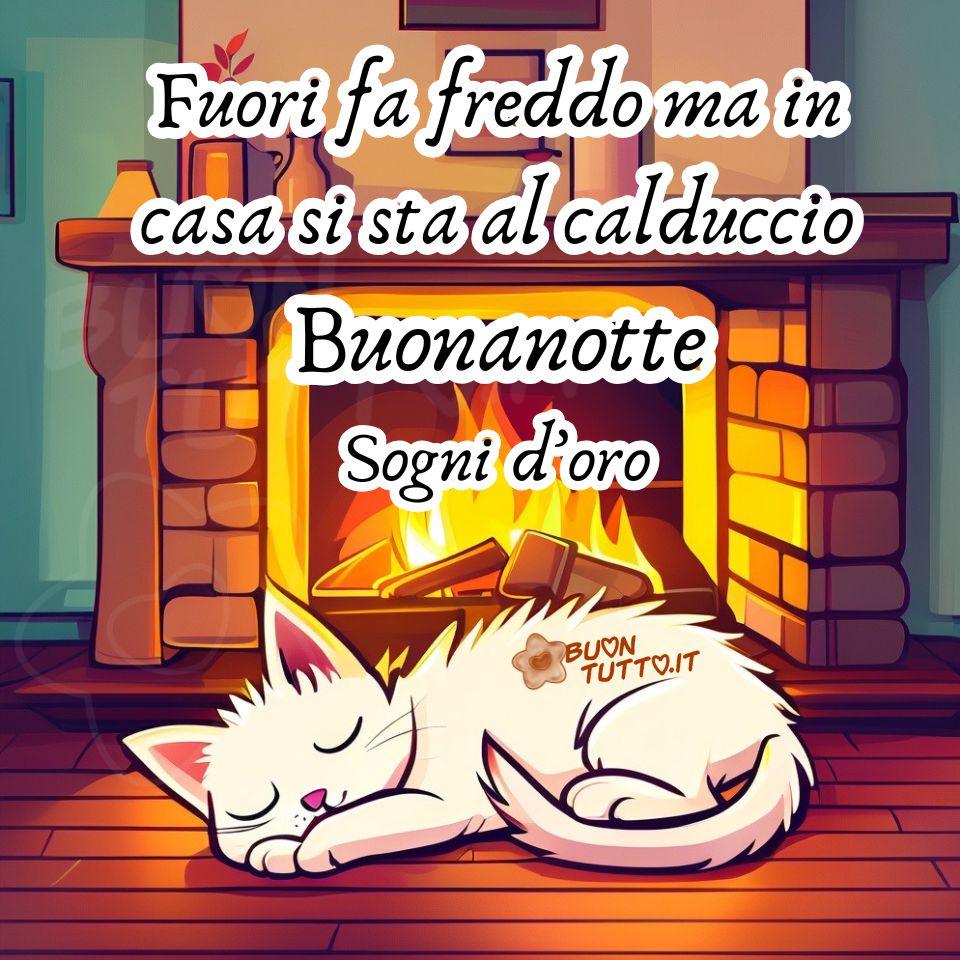 immagini-di-buonanotte-sogni-oro-frase-positiva-ottimista-fuori-freddo-casa-calduccio-gatto-bianco-dorme-camino-acceso-riposo-rigenerante-bellissima-cartoon-scaricare-gratis-buonuotto Disegno in primo piano di un gatto domestico a pelo corto, di colore bianco uniforme, sdraiato sul pavimento in parquet chiaro mentre dorme profondamente. L’animale si trova in un ambiente domestico caldo e accogliente, davanti a un camino acceso incassato nella parete, con fiamme visibili e ceppi di legno che bruciano. Le fiamme illuminano la stanza con una luce calda e arancione. Il gatto è sdraiato sul fianco, con il corpo completamente rilassato, gli occhi chiusi e il muso leggermente rivolto verso sinistra. Nello sfondo è presente una mensola orizzontale posizionata sopra il camino, sulla quale si trovano oggetti ornamentali e una cornice con fotografia. La parete retrostante è liscia, di colore neutro, e contribuisce a un’atmosfera rilassante. Nella parte alta dell’immagine compare un testo in carattere corsivo, di colore nero con contorno bianco in grassetto: “Fuori fa freddo ma in casa si sta al calduccio. Buonanotte. Sogni d’oro.” Un’immagine accogliente che trasmette serenità, dolcezza, amore per gli animali e desiderio di condivisione. È disponibile per il download gratuito e può essere condivisa con amici, familiari, parenti e gruppi tramite WhatsApp, Facebook, X (Twitter), Pinterest, Telegram, LinkedIn, Instagram e altre piattaforme social. Ideale per chi cerca immagini di buonanotte con gatto, camino acceso e atmosfera rilassante da condividere sui social. Autore BuonTutto.it