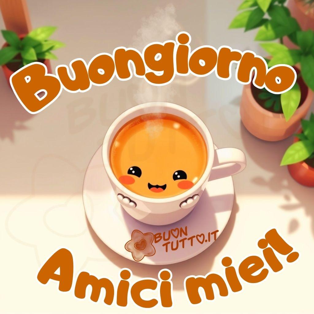 Disegno di una tazza bianca con manico, decorata con due manine rivolte in avanti, come se stesse per abbracciare, poggiata su un piattino dello stesso colore. La tazza presenta un volto in stile cartoon con occhi grandi, neri e lucidi, guance rosate e un sorriso aperto. Il liquido all’interno è marrone, presumibilmente caffè o tè. Intorno alla tazza sono presenti alcune piante verdi in vaso, con foglie carnose e ben visibili, che creano un ambiente naturale e domestico. Lo sfondo è sfocato e luminoso, con tonalità calde che richiamano la luce solare mattutina. Nella parte alta dell'immagine è presente la scritta “Buongiorno” in forma semicircolare, con un carattere corsivo bombato, leggibile e amichevole, di colore marrone con contorno bianco. Nella parte bassa, nello stesso stile e colore, compare la scritta “Amici miei!”. L’immagine trasmette allegria, accoglienza, serenità, affetto, amicizia, simpatia e voglia di stare insieme. È disponibile per il download gratuito e può essere condivisa con amici, familiari, parenti e gruppi tramite WhatsApp, Facebook, X Twitter, Pinterest, Telegram, LinkedIn, Instagram e altre piattaforme social. Autore BuonTutto.it