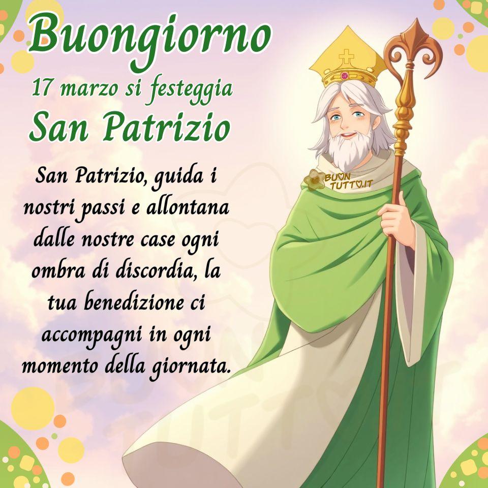 Disegno di San Patrizio in stile cartone animato, realizzato con linee morbide e colori vividi. La figura è rappresentata a figura intera, rivolta frontalmente verso chi osserva. Indossa una veste lunga bianca, semplice e luminosa. Sopra la veste porta un mantello verde brillante, colore simbolo della festa: il tessuto scende morbido lungo le spalle e si apre leggermente ai lati. Sulla testa indossa una mitra dorata, decorata con motivi semplici ma eleganti. Nella mano destra tiene un pastorale dorato, ricurvo nella parte superiore, simbolo del suo ruolo episcopale. Il volto è sereno, con occhi gentili, un accenno di sorriso e lineamenti morbidi. L’espressione trasmette calma, protezione e una benevolenza accogliente. Lo sfondo è composto da nuvole soffici in tonalità pastello, simili a batuffoli bianchi sospesi in un cielo luminoso. L’atmosfera è gioiosa e leggera. Attorno alla figura compaiono forme decorative in verde, giallo e arancione: piccoli archi, cerchi e pennellate che aggiungono un tocco festoso e richiamano i colori dell’Irlanda. L’atmosfera complessiva è luminosa, calma e spirituale. Nella parte sinistra dell’immagine, in un carattere corsivo elegante di colore verde con contorno bianco, compare la scritta: “Buongiorno 17 marzo si festeggia San Patrizio” Subito sotto, in colore nero, è presente un messaggio di benedizione e preghiera: “San Patrizio, guida i nostri passi e allontana dalle nostre case ogni ombra di discordia, la tua benedizione ci accompagni in ogni momento della giornata.” L’immagine trasmette una sensazione di tranquillità, spiritualità e buon auspicio, evocando: protezione familiare, armonia domestica, serenità quotidiana, spiritualità e gratitudine, celebrazione della tradizione irlandese. Una raccolta di nuove e bellissime immagini dedicate alla Festa di San Patrizio, da scaricare gratuitamente e condividere con amici, familiari, parenti e gruppi tramite WhatsApp, Facebook, X (Twitter), Pinterest, Telegram, LinkedIn, Instagram e le tue piattaforme social preferite. Autore BuonTutto.it