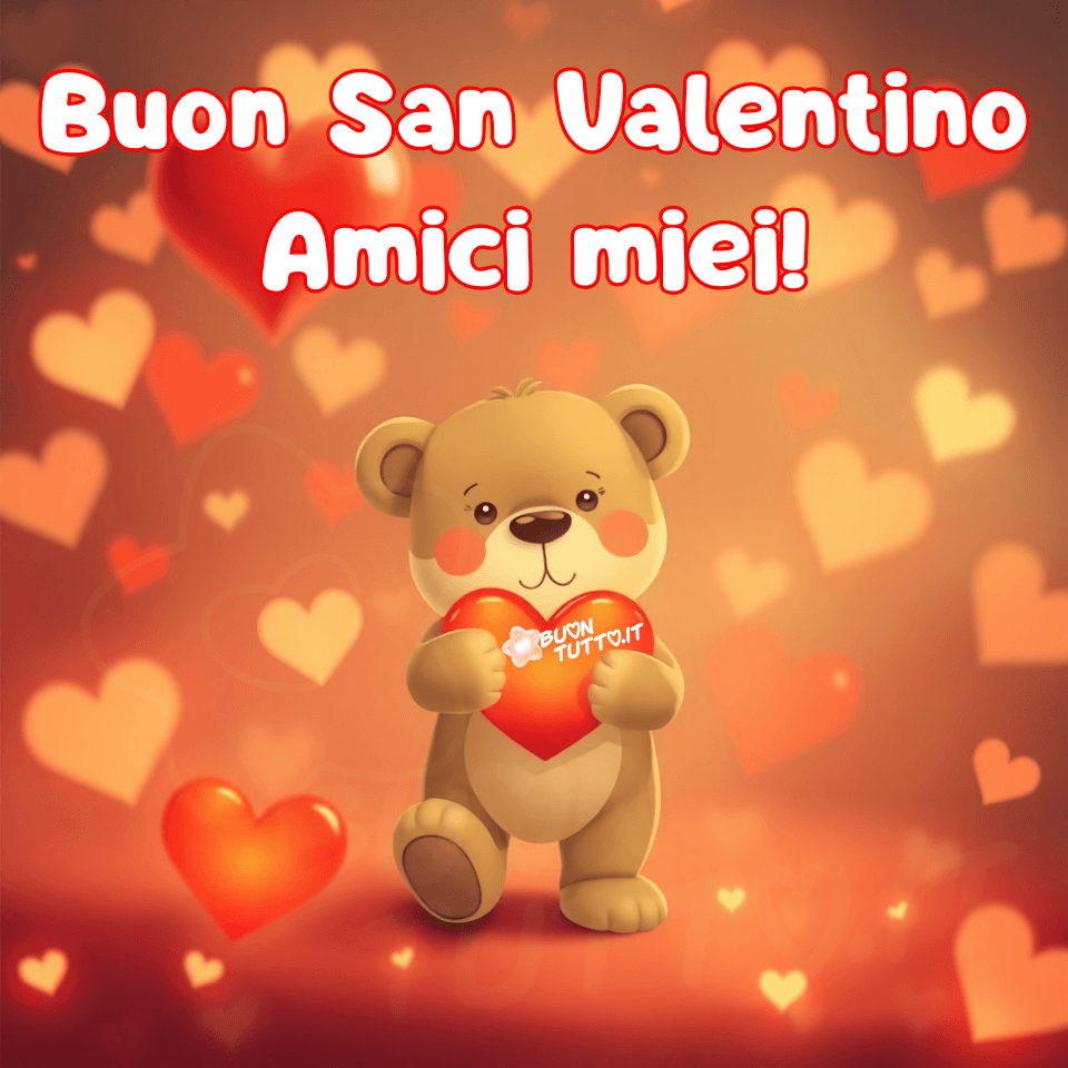 Disegno di un orsetto di peluche in stile cartone animato, rappresentato frontalmente, come se stesse guardando direttamente chi osserva. L’orsetto ha un corpo compatto, morbido e tondeggiante. Il pelo suggerisce una texture soffice e vellutata, quasi da poter essere accarezzata. Il colore del suo manto è un marrone caldo e uniforme, simile al caramello, che trasmette una sensazione di morbidezza e calore, richiamando l’idea di un giocattolo amato e consumato da abbracci ripetuti. La testa è tondeggiante, leggermente più larga della parte inferiore del corpo. Le orecchie sono piccole e rotonde, posizionate in alto ai lati della testa, con un interno leggermente più chiaro. Il muso è chiaro, più luminoso rispetto al resto del corpo, e mette in risalto i tratti del volto: due occhietti neri e lucidi, piccoli ma intensi, che trasmettono innocenza e dolcezza; un naso tondo, scuro e leggermente lucido; una bocca appena accennata, un sorriso semplice ma genuino, che dona all’orsetto un’espressione affettuosa e accogliente. Le guance rosate, sfumate con delicatezza, aggiungono un tocco di timidezza e calore emotivo, come se l’orsetto fosse colto in un momento di dolce imbarazzo. Tra le braccia, tenuto con cura e quasi con orgoglio, l’orsetto stringe un grande cuore rosso. Il cuore è l’elemento più brillante dell’immagine: un rosso vivo e pieno, che cattura immediatamente l’attenzione. La superficie è liscia e lucida, con una leggera sfumatura che suggerisce volume e tridimensionalità. L’orsetto lo abbraccia con entrambe le zampette, come se stesse offrendo un gesto d’amore sincero e diretto a chi guarda. Lo sfondo è un’esplosione morbida e avvolgente di cuori di varie dimensioni, sospesi in un’atmosfera affettuosa. I colori oscillano tra il rosso, il rosa e l’arancio, creando un effetto caldo e vibrante. Alcuni cuori sono pieni, altri sfumati, altri ancora quasi trasparenti, come se fossero sospesi nell’aria o fluttuassero lentamente attorno al protagonista. L’effetto complessivo è quello di un ambiente morbido, affettuoso e gioioso, dominato dai temi dell’amore, della tenerezza, della dolcezza e della cura. Nella parte alta dell'immagine è presente la scritta, in carattere corsivo bombato maiuscolo di colore bianco con contorno rosso: “Buon San Valentino Amici miei!” Un’immagine che trasmette un forte senso di dolcezza, tenerezza, affetto e calore emotivo. L’orsetto, con il suo cuore rosso e il suo sorriso timido, sembra voler comunicare un messaggio semplice e universale: un gesto d’amore diretto e sincero. Una raccolta di nuove e bellissime immagini di Buon San Valentino per gli amici, da condividere gratuitamente il 14 febbraio con amici, cari, familiari, parenti e gruppi tramite WhatsApp, Facebook, X Twitter, Pinterest, Telegram, LinkedIn, Instagram e le tue piattaforme social preferite.  Autore: BuonTutto.it 