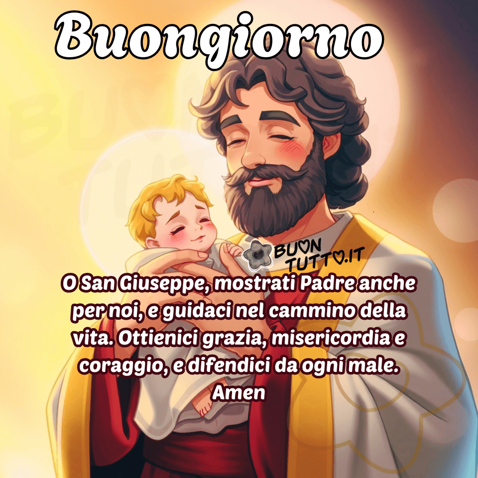Disegno di San Giuseppe che tiene in braccio il Bambino Gesù, immersi in un’aura di luce calda e avvolgente, in una scena che unisce sacralità, tenerezza e un’intensa luminosità spirituale. San Giuseppe è rappresentato a mezzo busto, leggermente inclinato verso sinistra, con un’espressione dolce e assorta. Il suo volto è illuminato da una luce calda che ne evidenzia i lineamenti: gli zigomi morbidi, la barba curata, gli occhi profondi e gentili. La sua postura comunica calma e responsabilità, come se stesse vegliando sul Bambino con una dedizione silenziosa e assoluta. Indossa una veste semplice dai toni caldi della terra, sovrastata da un mantello che sfuma dal marrone al dorato, simbolo di umiltà e dignità insieme. Una fascia dorata attraversa il petto, aggiungendo un dettaglio luminoso che richiama la sua missione divina. Il Bambino Gesù è rannicchiato nel braccio sinistro di Giuseppe, con il corpo avvolto in un tessuto chiaro. Ha un’espressione serena, quasi dormiente, con le guance rosee e i capelli morbidi che catturano la luce come fili d’oro. Il suo corpo è rilassato, completamente affidato alla protezione del padre putativo. La piccola mano aperta poggia sul petto di Giuseppe, creando un punto di contatto che trasmette fiducia, amore e un’intimità familiare profonda. Entrambi i personaggi hanno un’aureola luminosa: quella di Giuseppe è più ampia e dorata, mentre quella del Bambino è più piccola e brillante. Le aureole non sono semplici cerchi statici, ma sembrano emanare una luce viva e pulsante, come se la santità dei due protagonisti fosse una sorgente di energia spirituale che si diffonde nello spazio circostante. Lo sfondo è un’esplosione di luce calda, con sfumature che vanno dal giallo oro all’arancio tenue, creando un’atmosfera che ricorda un’alba spirituale. L’effetto complessivo è morbido, avvolgente, quasi contemplativo. L’immagine trasmette protezione paterna, pace interiore, fiducia assoluta e una spiritualità semplice e profonda. È una scena che invita alla preghiera, alla calma e alla gratitudine. Una rappresentazione che parla al cuore, capace di evocare sentimenti di speranza, amore e riconoscenza. Nella parte alta dell’immagine compare la scritta “Buongiorno”, in un carattere corsivo elegante, bianco con contorno marroncino. Nella parte bassa, nello stesso stile, è riportata una preghiera di protezione e benedizione: “O San Giuseppe, mostrati Padre anche per noi, e guidaci nel cammino della vita. Ottienici grazia, misericordia e coraggio, e difendici da ogni male. Amen.” Una raccolta di nuove e bellissime immagini dedicate al Buon San Giuseppe – 19 marzo, Festa del Papà, da scaricare gratuitamente e condividere con amici, familiari, parenti e gruppi tramite WhatsApp, Facebook, X Twitter, Pinterest, Telegram, LinkedIn, Instagram e le tue piattaforme social preferite. Autore BuonTutto.it