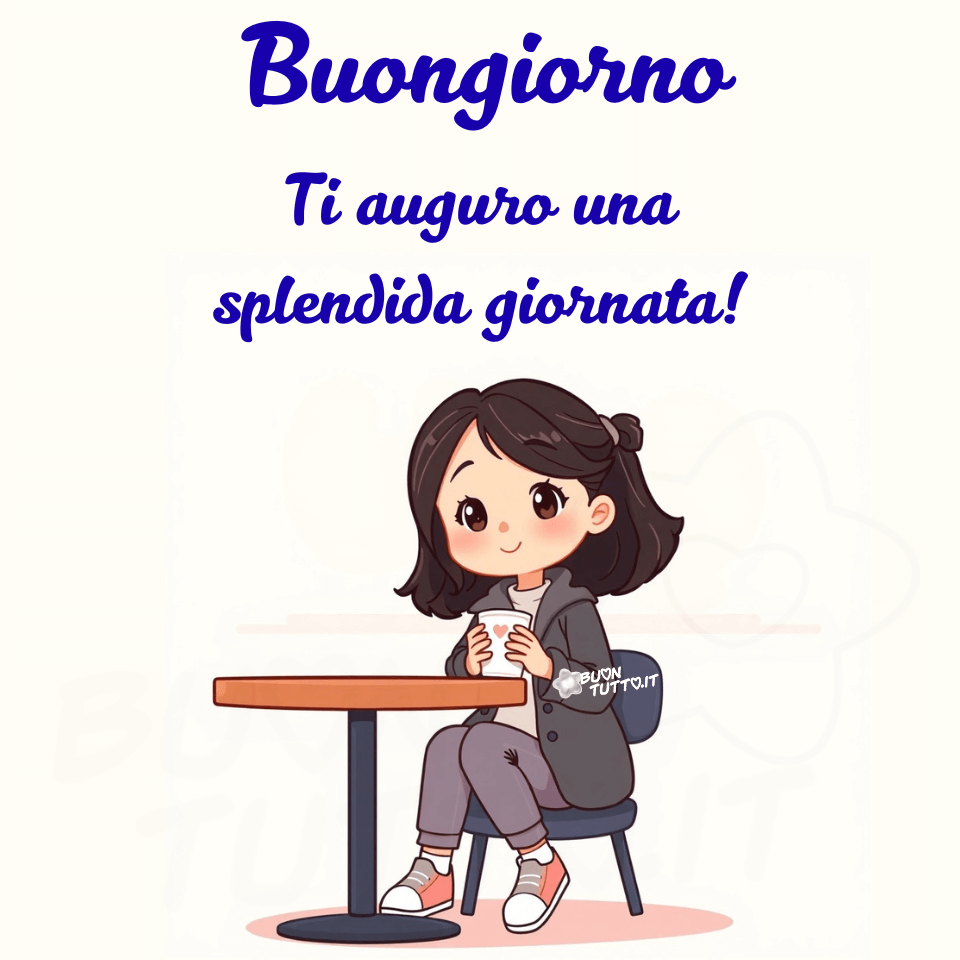 Disegno in stile cartoon di una ragazza seduta a un tavolino rotondo mentre tiene una tazza calda tra le mani, su uno sfondo chiaro e minimalista. Ha capelli scuri di media lunghezza che incorniciano il volto e, sul lato destro, un piccolo codino legato con un laccetto di colore marroncino chiaro. Indossa una giacca grigio scura con bottoni, pantaloni grigi, un lupetto color crema e sneakers comode nei toni del pesca, marroncino e bianco. Ha grandi occhi marroni e un dolce sorriso; la sua espressione è serena e cordiale. È seduta in modo rilassato su una sedia, con il busto leggermente inclinato in avanti, mentre tiene una tazza con entrambe le mani, sollevata all’altezza del petto. Il gesto suggerisce che stia gustando una bevanda calda o semplicemente scaldandosi le mani. Sulla tazza bianca è disegnato un cuore rosa. Il tavolino è rotondo e di colore arancione, mentre la base è grigio scuro. La sedia è semplice, con schienale verticale e senza braccioli. La scena è minimalista: lo sfondo chiaro e privo di dettagli mette in risalto la ragazza e il gesto tranquillo del sorseggiare. L’atmosfera complessiva è calma e raccolta, un piccolo momento di pausa quotidiana. La postura, l’abbigliamento e la composizione trasmettono una sensazione di semplicità, comfort e quiete mattutina. Nella parte alta dell'immagine è presente la scritta, in carattere corsivo con ghirigori azzurri: “Buongiorno, ti auguro una splendida giornata!” L’immagine trasmette un’atmosfera ordinata e rilassante, ideale per rappresentare momenti di pausa mattutina o piccoli rituali quotidiani. È perfetta da scaricare gratuitamente e condividere con amici, familiari, parenti e gruppi tramite WhatsApp, Facebook, X/Twitter, Pinterest, Telegram, LinkedIn, Instagram e le tue piattaforme social preferite. Autore: BuonTutto.it 