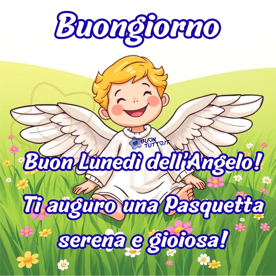 buon-lunedi-dell-angelo-felice-pasquetta-buongiorno-immagini-auguri-angioletto-cartoon-gratis-scaricare-condividere-buontutto Disegno di un piccolo angelo in stile cartone animato, posizionato al centro della scena. L’angelo, dal volto luminoso e sereno, siede tra fili d’erba fresca in un prato primaverile punteggiato di fiori colorati. L’erba è rappresentata con ciuffi morbidi e irregolari, mentre tra i fili spuntano fiori dai toni vivaci — rosa, giallo, arancione e blu — con petali tondeggianti e ben definiti. I capelli biondi, corti, morbidi e leggermente mossi incorniciano un’espressione gioiosa: gli occhi sono chiusi in un sorriso spontaneo, come se l’angelo stesse ridendo o ascoltando una melodia di pace. Le guance leggermente arrossate aggiungono un tocco di dolcezza e tenerezza. Le ali bianche, soffici e aperte, sembrano catturare la luce del cielo chiaro che avvolge l’intera scena. Il prato verde brillante e i fiori primaverili evocano la rinascita della natura, mentre il cielo luminoso crea un’atmosfera di calma e speranza, tipica del giorno di Pasquetta. Lo sfondo, quasi pastello e privo di nuvole definite, diffonde una luce morbida che amplifica la sensazione di serenità. L’atmosfera richiama un mattino limpido e gioioso di Lunedì dell’Angelo: un momento intriso di rinascita, purezza, gratitudine e gioia semplice, come un augurio gentile portato dalla luce del giorno. La veste bianca dell’angelo, semplice e luminosa, scende fino ai piedi con maniche lunghe e morbide, trasformandolo in un piccolo messaggero di pace e serenità. Il prato fiorito e il cielo chiaro contribuiscono a un senso di armonia, come se la natura stessa partecipasse alla festa del Lunedì dell’Angelo. Nella parte alta dell’immagine compare la scritta “Buongiorno”, in carattere corsivo elegante, grande e leggibile, di colore bianco con contorno azzurro. Nella parte centrale, con lo stesso stile ma in dimensioni più piccole, si legge: “Buon Lunedì dell’Angelo! Ti auguro una Pasquetta serena e gioiosa!”. L’immagine trasmette gioia, purezza e rinascita, elementi tipici del periodo pasquale. Fa parte di una raccolta di nuove e splendide rappresentazioni dedicate agli auguri di Buona Pasquetta, create per essere scaricate gratuitamente e condivise con amici, persone care, familiari, parenti e gruppi su WhatsApp, Facebook, X (Twitter), Pinterest, Telegram, LinkedIn, Instagram e tutte le principali piattaforme social. Autore BuonTutto.it
