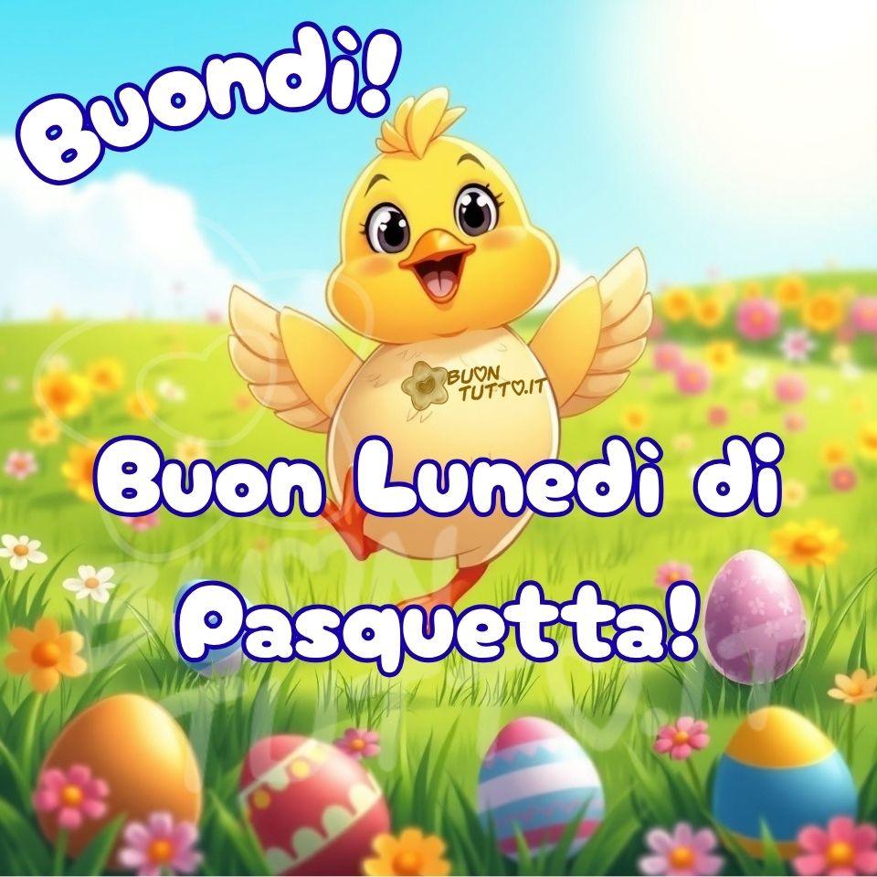 buon-lunedi-pasquetta-buongiorno-buondi-immagini-auguri-pulcino-fiori-colorata-cartoon-bellissima-gratis-scaricare-condividere-buontutto L’immagine è un’illustrazione digitale vivace e colorata a tema pasquale, realizzata in stile cartoon/kawaii, dolce e allegro. Al centro spicca un tenero pulcino giallo con grandi occhi espressivi e brillanti. Il pulcino ha un’espressione felicissima: il becco è aperto in un sorriso e le piccole ali sono sollevate, come se stesse saltellando di gioia. Il piumaggio è giallo acceso sulla testa e più chiaro, quasi color crema, sul corpo arrotondato; le zampette arancioni sono raffigurate in movimento, dando un senso di energia e vivacità. Il pulcino si trova in un prato verde luminoso, punteggiato da numerosi fiorellini rosa, gialli e bianchi. Nell’erba sono sparse diverse uova di Pasqua decorate con motivi differenti: un uovo blu con strisce bianche, uno rosso con decorazioni geometriche bianche e gialle, uno viola con piccoli fiori bianchi e un uovo multicolore con strisce rosa e azzurre. Ogni dettaglio contribuisce a creare un’atmosfera festosa e primaverile. Lo sfondo mostra una collina fiorita che sfuma dolcemente verso un cielo azzurro e luminoso, evocando una perfetta giornata di primavera. I colori sono caldi, saturi e armoniosi, capaci di trasmettere ottimismo, gioia e spensieratezza. La luce, proveniente dall’alto, crea morbide sfumature sul corpo del pulcino e rende l’intera scena brillante e “soffice”. Nella parte alta dell’immagine, nell’angolo sinistro, compare la scritta “Buondì!” in forma semi‑circolare, con un carattere corsivo semplice e bombato, di colore bianco con contorno azzurro. Al centro dell’immagine, nello stesso stile grafico, appare la frase: “Buon Lunedì di Pasquetta!”. Il testo contribuisce a rafforzare il tono gioioso e festivo dell’illustrazione. È un’immagine che emana allegria contagiosa, perfetta per celebrare la Pasquetta con un messaggio positivo e luminoso. Fa parte di una raccolta di nuove e splendide rappresentazioni dedicate agli auguri di Buona Pasquetta, create per essere scaricate gratuitamente e condivise con amici, persone care, familiari, parenti e gruppi su WhatsApp, Facebook, Instagram, Pinterest, Telegram, LinkedIn, X (Twitter) e tutte le principali piattaforme social. Autore BuonTutto.it