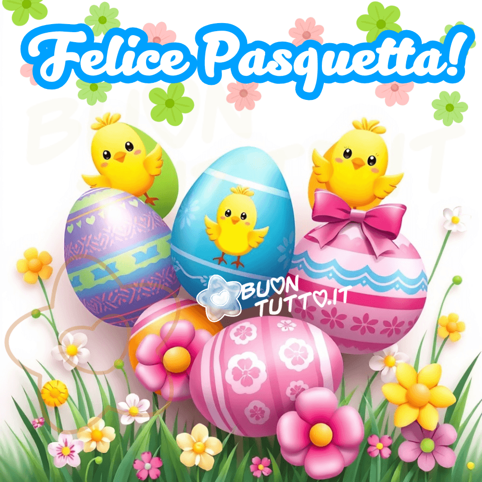 buona-felice-pasquetta-immagini-auguri-colorate-uova-pulcini-sorridenti-fiori-bellissima-cartoon-scarcare-condividere-gratis-buontutto Disegno di una scena primaverile luminosa e gioiosa: in primo piano si trova un gruppo di uova di Pasqua decorate, accompagnate da piccoli pulcini gialli che sembrano appena usciti dal guscio. Le uova, adagiate tra fili d’erba fresca, sono ornate con motivi floreali, cuori, righe colorate e fiocchi in delicate tonalità pastello, rosa, azzurro, lilla, giallo e verde, tutte brillanti e morbide alla vista. Ogni dettaglio appare nitido, come illuminato da un sole gentile di aprile. Intorno alle uova sbocciano fiori vivaci, tra cui margherite, tulipani e piccoli petali colorati, che creano un’atmosfera di rinascita e festa. I pulcini, soffici, curiosi e teneri, si posano sulle uova o camminano tra i fiori. Hanno occhi neri rotondi e un becco arancione semplice, in stile illustrato, che accentua la loro dolcezza. Il prato è composto da erba verde acceso, con fili sottili e morbidi. I fiori circostanti, rosa, gialli, bianchi e viola, completano una scena che trasmette primavera piena, freschezza e gioia. In alto, in caratteri morbidi e festosi, compare la scritta “Felice Pasquetta!”, in bianco con contorno celeste in grassetto, che aggiunge un augurio caloroso e tradizionale. L’immagine nel suo insieme comunica leggerezza, convivialità e dolcezza, evocando il clima delle gite fuori porta, dei picnic sull’erba e della serenità tipica del Lunedì dell’Angelo. Questa illustrazione fa parte di una raccolta di nuove e splendide immagini di Buona Pasquetta, create per essere scaricate gratuitamente e condivise con amici, persone care, familiari e gruppi tramite WhatsApp, Facebook, Instagram, Pinterest, X (Twitter), Telegram, LinkedIn e tutte le tue piattaforme social preferite. Autore BuonTutto.it