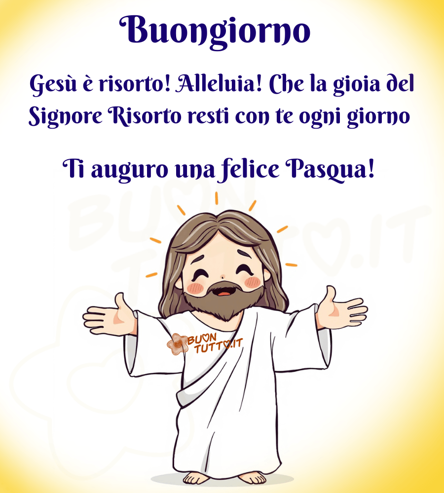 buona-pasqua-immagini-gesu-risorto-auguri-pasquali-felice-frasi-religiose-benedizione-luminose-chibi-disegno-da-condividere-buontutto Disegno in stile chibi di Gesù Risorto, rappresentato con un aspetto luminoso e accogliente. Gesù è mostrato a figura intera, con lunghi capelli castani, barba folta e curata e un’espressione serena e gioiosa. Indossa una tunica bianca, simbolo di purezza e resurrezione, che scende morbida lungo il corpo. Le braccia sono aperte in un gesto di benedizione e accoglienza, come se invitasse lo spettatore a condividere la gioia della Pasqua. Attorno al capo è presente un’aureola stilizzata composta da raggi giallo oro, che irradiano luce e sottolineano la sacralità della scena. Lo sfondo è semplice e luminoso, con una sfumatura morbida tra bianco e giallo caldo, che crea un’atmosfera spirituale, positiva e pasquale. L’insieme trasmette un forte senso di pace, speranza e rinascita. Nella parte alta dell’immagine compare, in un carattere corsivo elegante con ghirigori azzurri, la scritta: “Buongiorno”. Seguono le frasi: “Gesù è risorto! Alleluia! Che la gioia del Signore Risorto resti con te ogni giorno” e “Ti auguro una felice Pasqua!” Il tono complessivo è religioso, gioioso e celebrativo, perfetto per chi desidera condividere un messaggio di fede e speranza nel giorno di Pasqua. L’immagine è pensata per auguri religiosi di Buona Pasqua e per diffondere un messaggio cristiano legato alla resurrezione. Questa immagine fa parte di una raccolta di nuove e splendide rappresentazioni della Buona Pasqua religiosa, create per essere scaricate gratuitamente e condivise con amici, persone care, familiari, parenti e gruppi attraverso WhatsApp, Facebook, X (Twitter), Pinterest, Telegram, LinkedIn, Instagram e tutte le principali piattaforme social. Autore BuonTutto.it