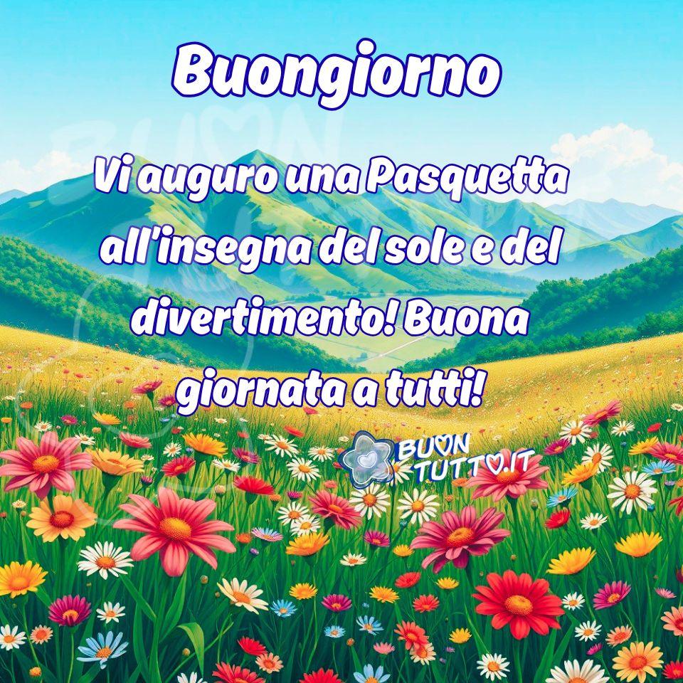 buona-pasquetta-immagini-auguri-frasi-positive-prato-fiorito-condividere-gratis-buontutto Un’illustrazione raffigura un meraviglioso paesaggio primaverile idilliaco. Nella parte inferiore si estende un prato fiorito rigoglioso, ricco di fiori simili a grandi margherite e gerbere. I petali mostrano colori vivaci e armoniosi: rosa intenso, magenta, bianco puro, giallo brillante e piccoli tocchi di azzurro. L’erba, di un verde smeraldo profondo, crea un contrasto luminoso che mette in risalto ogni singolo bocciolo. Al centro dell’immagine, il prato si apre su una vasta vallata illuminata dal sole. Qui i colori virano verso un giallo dorato e un verde più tenue, evocando campi coltivati o distese d’erba accarezzate dalla luce. Una leggera foschia atmosferica aggiunge profondità e un senso di pace alla scena. All’orizzonte si innalza una catena montuosa imponente: le vette più vicine sono ricoperte di vegetazione verde, con solchi e creste ben definiti che giocano con luci e ombre. Sullo sfondo, le montagne diventano più sfumate e assumono toni azzurrini grazie alla prospettiva aerea. Il cielo, limpido e sereno, è di un azzurro brillante, con qualche nuvola leggera sulla destra che completa l’atmosfera di una giornata perfetta. Nella parte alta dell’immagine compare la scritta “Buongiorno”, realizzata in un elegante carattere corsivo bombato, di colore bianco con contorno blu. Subito sotto, estesa fino al centro dell’illustrazione e nello stesso stile ma in dimensioni più piccole, si legge: “Vi auguro una Pasquetta all’insegna del sole e del divertimento! Buona giornata a tutti!” Questa illustrazione, capace di trasmettere pace, bellezza, gioia, serenità e vitalità, è perfetta per augurare una felice Pasquetta. L’immagine fa parte di una raccolta di nuove e splendide rappresentazioni dedicate alla Buona Pasquetta, create per essere scaricate gratuitamente e condivise con amici, persone care, familiari, parenti e gruppi su WhatsApp, Facebook, Instagram, Pinterest, X (Twitter), Telegram, LinkedIn e tutte le tue piattaforme social preferite. Autore BuonTutto.it