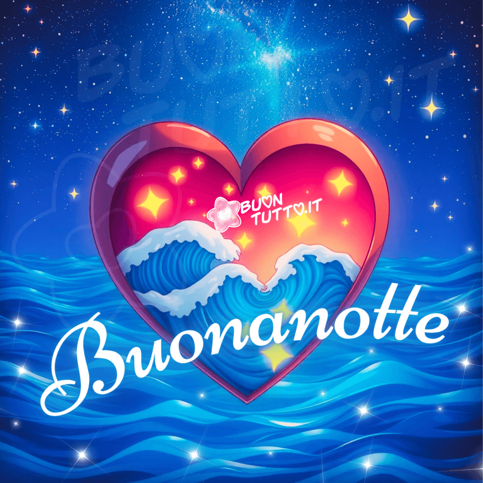 Un grande cuore luminoso, rosso e rosa, fluttua sopra un oceano blu scuro sotto un cielo stellato. All’interno del cuore scorrono onde bianche e azzurre, come un piccolo mare custodito nella sua forma, mentre minuscole stelle dorate brillano al suo interno. L’orizzonte è avvolto da riflessi acquatici e da una volta celeste punteggiata di stelle e bagliori galattici. La parola “Buonanotte” appare in elegante calligrafia bianca, creando un’atmosfera serena e romantica. L’immagine trasmette calma, dolcezza e un senso di pace notturna, ideale per messaggi serali, auguri di buona notte e contenuti da condividere gratuitamente sui social. Autore: BuonTutto.it