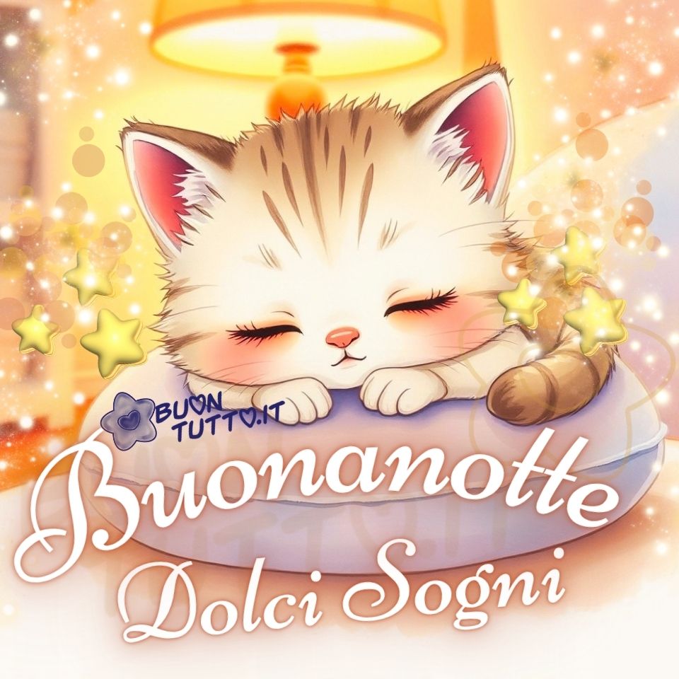 Illustrazione di un piccolo gattino dal pelo chiaro, con sfumature beige e delicate striature marroni, che dorme profondamente su un morbido cuscino. Gli occhi sono chiusi, il musetto rosa è rilassato e le zampine sono raccolte sotto il corpo, trasmettendo un senso di pace e tenerezza. Attorno al gattino brillano piccole stelle gialle che creano un’atmosfera magica e serena. Lo sfondo caldo e soffuso, illuminato da una luce tenue proveniente da una lampada distante, rende l'immagine ancora più accogliente. In basso compare la scritta 'Buonanotte Dolci Sogni', in un elegante carattere bianco con contorno dorato sfumato disposto in forma semicircolare. L’immagine comunica tranquillità, dolcezza e un senso di riposo protetto, risultando ideale per messaggi dedicati alla buonanotte, contenuti rilassanti, messaggi affettuosi e immagini da condividere con le persone care. Autore: BuonTutto.it