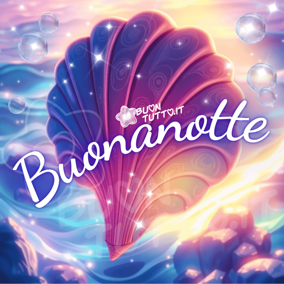 Disegno di una grande conchiglia luminosa dai toni viola, rosa e giallo, sospesa sopra un mare notturno con onde morbide, bolle trasparenti e piccole scintille di luce. L’atmosfera è calma e sognante, con riflessi delicati che evocano un senso di quiete e di favola. Al centro della conchiglia appare la parola 'Buonanotte', scritta in un elegante carattere bianco con contorno sfumato blu e disposta in forma semi‑circolare. Questa immagine è perfetta per essere condivisa gratis e per augurare una notte serena, diffondendo un messaggio di pace, dolcezza e tranquillità. Autore: BuonTutto.it