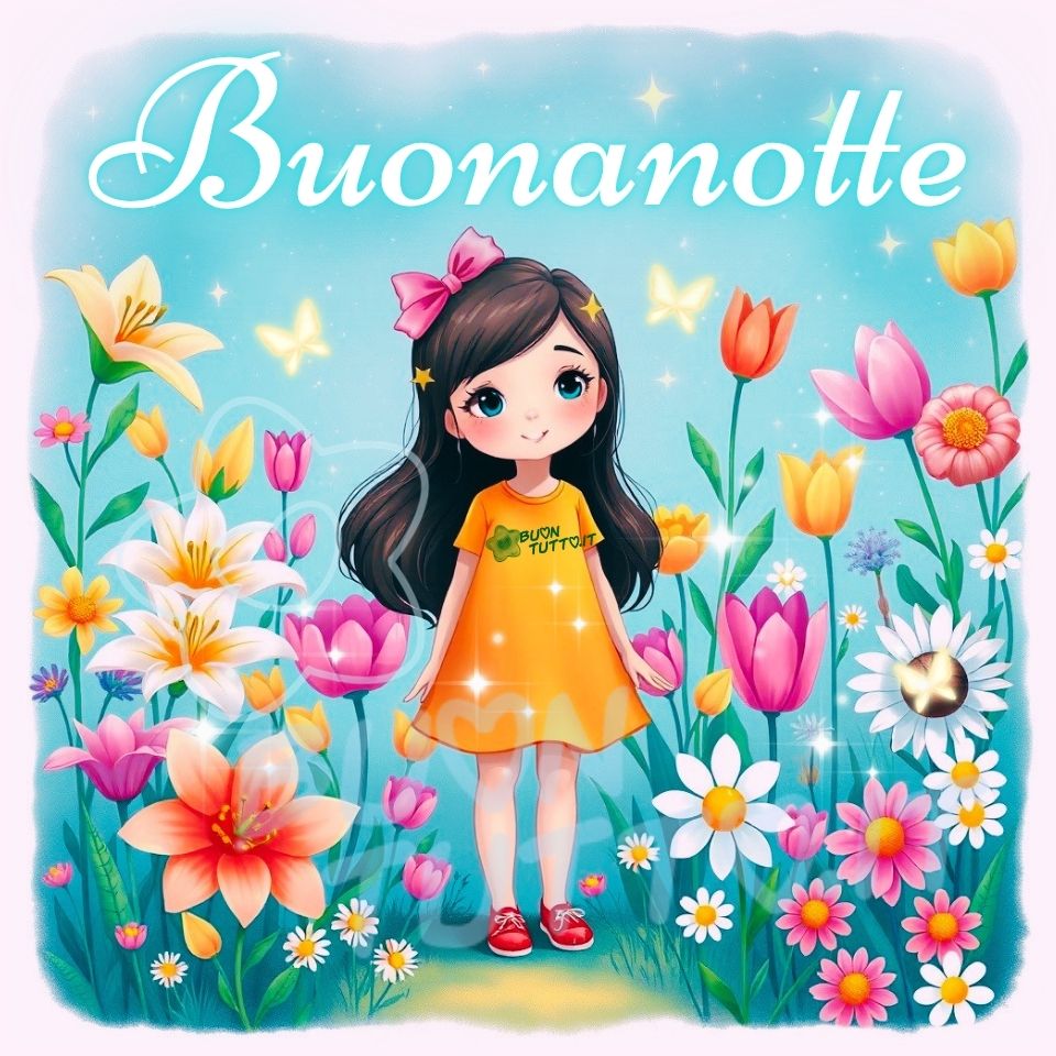 Disegno di una bambina dai lunghi capelli scuri, vestita con un abito arancione e scarpette rosse, è ritratta in un giardino fiabesco illuminato da una luce serale morbida e azzurra. Intorno a lei sbocciano fiori vivaci, gigli, tulipani, margherite e petali colorati, che creano un’atmosfera di sogno, arricchita da piccole farfalle e scintille luminose sospese nell’aria. L'immagine trasmette calma, dolcezza e meraviglia, mentre la scritta 'Buonanotte' in elegante carattere bianco aggiunge un tocco di tenerezza e invita alla quiete serale. Immagine ideale per messaggi di buonanotte, contenuti motivazionali, post social. Autore: BuonTutto.it