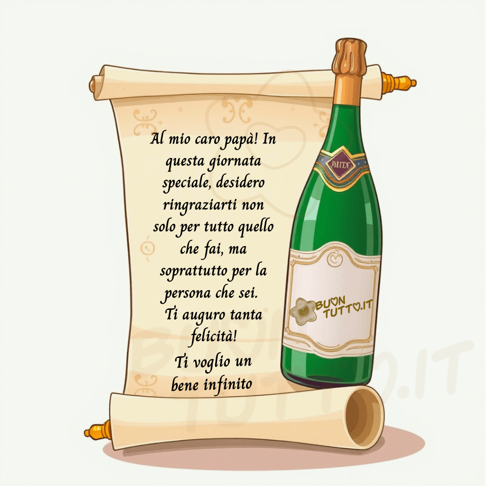 L’immagine ritrae una composizione elegante e festosa, illuminata da una luce morbida che crea un’atmosfera calda e celebrativa. In primo piano, leggermente inclinata verso lo spettatore, si trova una pergamena decorativa: un rotolo color avorio dalla superficie liscia e leggermente lucida, con bordi appena ingialliti che ricordano la texture della carta antica. 

Le estremità sono avvolte attorno a manici ornamentali color bronzo, finemente lavorati, che aggiungono un tocco di solennità e tradizione. I manici hanno una forma cilindrica, con estremità arrotondate e piccole incisioni decorative che richiamano gli antichi rotoli cerimoniali. La pergamena è srotolata al centro, lasciando visibile un messaggio scritto con un carattere elegante, simile a una calligrafia moderna, fluida e armoniosa. Le parole scorrono in modo armonioso lungo la superficie liscia della carta, evocando un sentimento di gratitudine e amore filiale. Il testo è centrato e ben leggibile, come se fosse stato preparato appositamente per un’occasione speciale. Con un carattere elegante di colore nero si legge: “Al mio caro papà! In questa giornata speciale, desidero ringraziarti non solo per tutto quello che fai, ma soprattutto per la persona che sei. Ti auguro tanta felicità! Ti voglio un bene infinito.” Accanto alla pergamena, sulla destra, si erge una bottiglia di champagne o spumante. Il vetro verde scuro riflette la luce con delicate sfumature dorate. Il collo è avvolto da una capsula color oro, lucida e impeccabile, che suggerisce un prodotto di qualità, destinato a un brindisi importante. Lo sfondo è semplice e sfumato. L’insieme trasmette un senso di calore, riconoscenza e celebrazione, come se fosse un omaggio preparato con cura per la Festa del Papà. Raccolta di nuove e bellissime immagini dedicate alla Festa del Papà del 19 marzo, giorno di San Giuseppe, da scaricare gratuitamente e condividere con amici, familiari, parenti e gruppi tramite WhatsApp, Facebook, X (Twitter), Pinterest, Telegram, LinkedIn, Instagram e le tue piattaforme social preferite. Autore BuonTutto.it