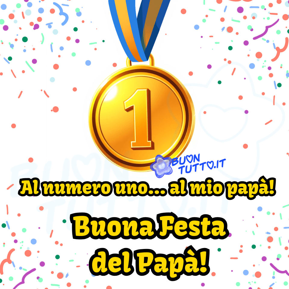 Disegno di una composizione luminosa e festosa, costruita attorno a un grande medaglione dorato posto al centro, su uno sfondo completamente bianco che funge da tela neutra per esaltare i colori vividi degli elementi grafici. Il metallo presenta una resa lucida e leggermente satinata, con riflessi caldi che suggeriscono una superficie levigata e tridimensionale. Al centro del medaglione spicca un numero “1” inciso in rilievo: il carattere, spesso e pulito, conferisce un senso di prestigio e importanza, catturando la luce come farebbe un vero oggetto metallico. Il medaglione è appeso a un nastro a V composto da due bande di colore: una blu intenso e l’altra arancione brillante. I colori, saturi e vividi, creano un contrasto energico con l’oro del medaglione. Il nastro appare leggermente teso, come se il premio fosse appena stato sollevato per essere consegnato. Attorno al medaglione si diffonde una pioggia di coriandoli multicolori: piccoli frammenti di carta stilizzati nei toni del blu, rosso, giallo, arancione e verde. Sono sparsi in modo irregolare su tutto lo sfondo bianco, creando un senso di movimento e celebrazione, come se fossero stati lanciati un attimo prima. Nella parte inferiore dell’immagine compare un testo disposto su due righe. La prima recita: “Al numero uno… al mio Papà!” Il font è grande e spesso, con una combinazione di giallo vivo e contorno nero che lo rende immediatamente leggibile e visivamente d’impatto. La seconda riga, leggermente più piccola ma altrettanto evidente, dice: “Buona Festa del Papà!” L’immagine trasmette calore, affetto e un forte spirito celebrativo. Evoca l’idea di un riconoscimento speciale, come se il papà fosse davvero il campione assoluto, il vincitore di una gara del cuore. L’atmosfera complessiva è quella di una festa colma di gratitudine e orgoglio. Raccolta di nuove e bellissime immagini dedicate alla Festa del Papà del 19 marzo, giorno di San Giuseppe, da scaricare gratuitamente e condividere con amici, cari, familiari e parenti tramite WhatsApp, Facebook, X (Twitter), Pinterest, Telegram, LinkedIn, Instagram e le tue piattaforme social preferite. Autore BuonTutto.it