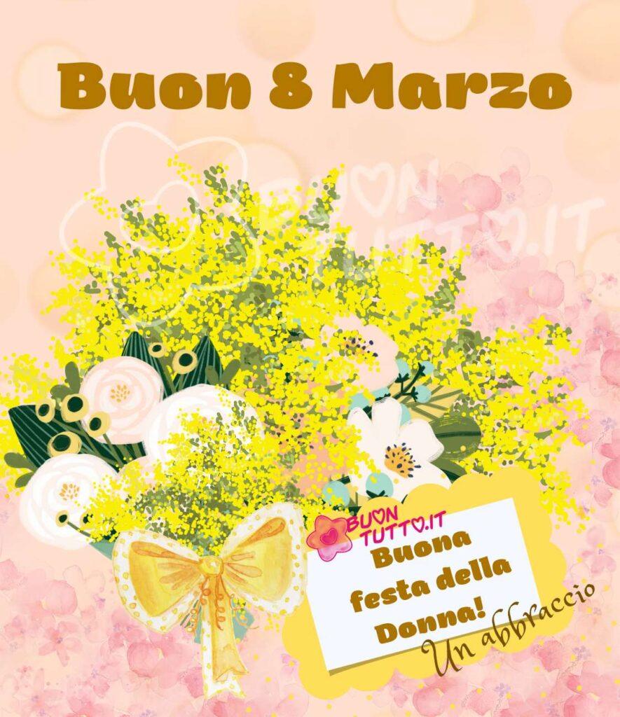 immagini-di-buona-festa-della-donna-8-marzo-bellissimo-bouquet-mimosa-biglietto-auguri-affettuoso-disegno-bellissima-scaricare-gratis-buontutto Una bellissima immagine per la Festa della Donna su uno sfondo rosa decorato con petali di fiori. Al centro è raffigurato un bouquet composto da ranuncoli bianchi con delicate sfumature rosa, due lilium — uno bianco e uno rosa — e una splendida mimosa, il tutto legato da un meraviglioso fiocco giallo e bianco a pois. Accanto al bouquet c’è un biglietto con la scritta “Buona Festa della Donna!” accompagnato da un affettuoso abbraccio. Nella parte alta dell’immagine compare la frase “Buon 8 Marzo”. Una raccolta di nuove e bellissime immagini da scaricare gratis e condividere con amici, parenti, gruppi e su tutte le tue piattaforme social preferite. Autore BuonTutto.it