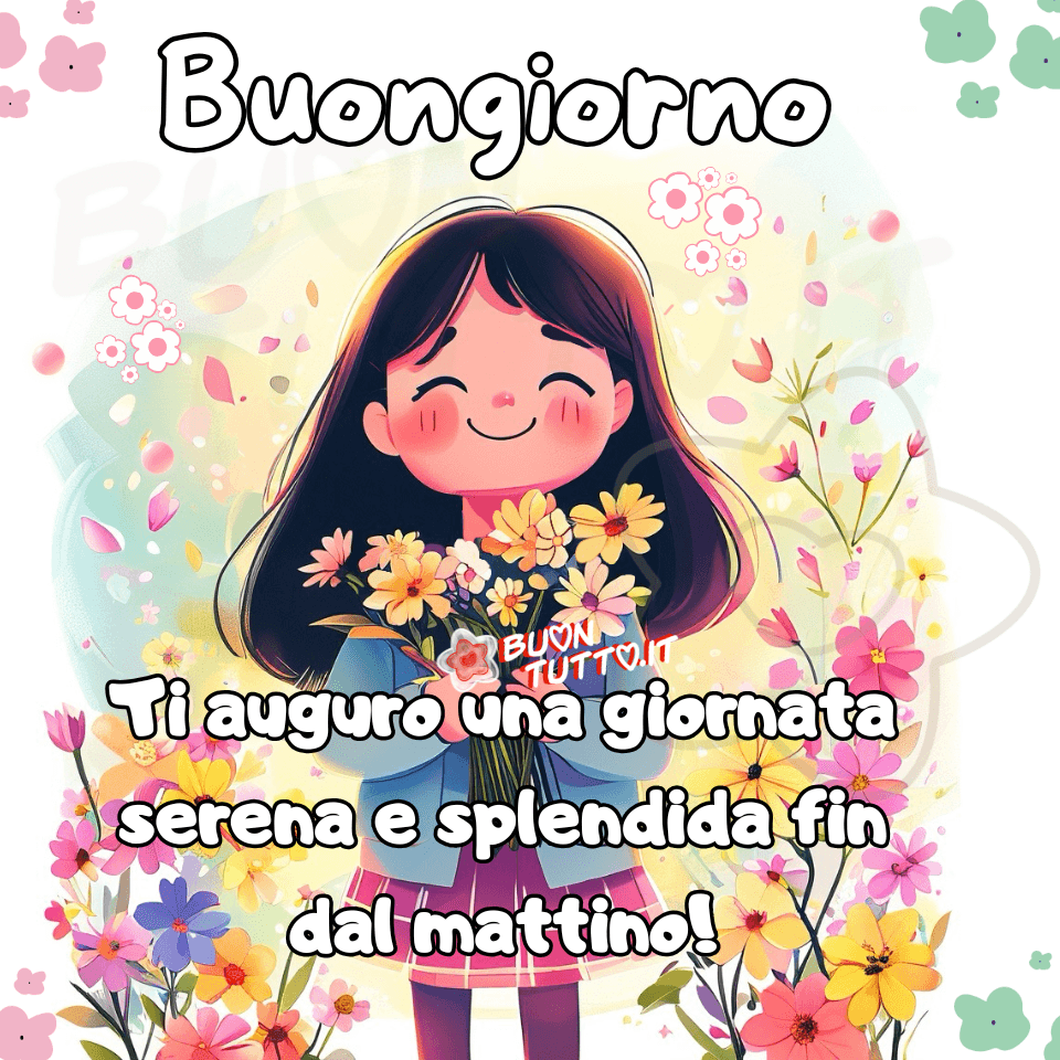 Disegno di una ragazza sorridente, illustrata in stile cartone animato, con lunghi capelli scuri che le incorniciano il volto in modo morbido e armonioso. Il suo sorriso è aperto, luminoso e genuino: un’espressione che trasmette immediatamente dolcezza, positività e serenità mattutina. Tra le mani tiene un bouquet di fiori variopinti, composto da petali rosa, gialli, arancioni, lilla e bianchi. I fiori sono realizzati con colori vividi e sfumature delicate, creando un effetto visivo gioioso e sereno. Il bouquet sembra quasi emanare un’energia gentile, come se portasse con sé un messaggio di bellezza e rinascita. Lo sfondo è un mix di tonalità pastello, morbide e luminose, decorate da piccoli elementi floreali e foglioline stilizzate che fluttuano attorno alla ragazza. Questi dettagli creano un’atmosfera leggera, ariosa, quasi profumata, come se la scena fosse immersa in un giardino in fiore al primo mattino. In alto, in caratteri eleganti e ben leggibili, compare la scritta “Buongiorno”, di colore bianco con un sottile contorno nero. Nella parte bassa dell’immagine, con lo stesso stile e colore, è presente un messaggio affettuoso: “Ti auguro una giornata serena e splendida fin dal mattino!”  Il testo si integra perfettamente con l’illustrazione, rafforzando il tono positivo e invitante dell’immagine. È un’immagine che trasmette calma, gioia e buonumore, ideale per iniziare la giornata con un pensiero gentile. Perfetta per chi desidera condividere un saluto mattutino pieno di colore, dolcezza e vibrazioni positive. Adatta per messaggi del mattino, saluti del giorno, immagini positive e immagini del mattino da scaricare gratis e condividere con amici, cari, familiari e parenti tramite WhatsApp, Facebook, X Twitter, Pinterest, Telegram, LinkedIn, Instagram e le tue piattaforme social preferite. Autore BuonTutto.it 