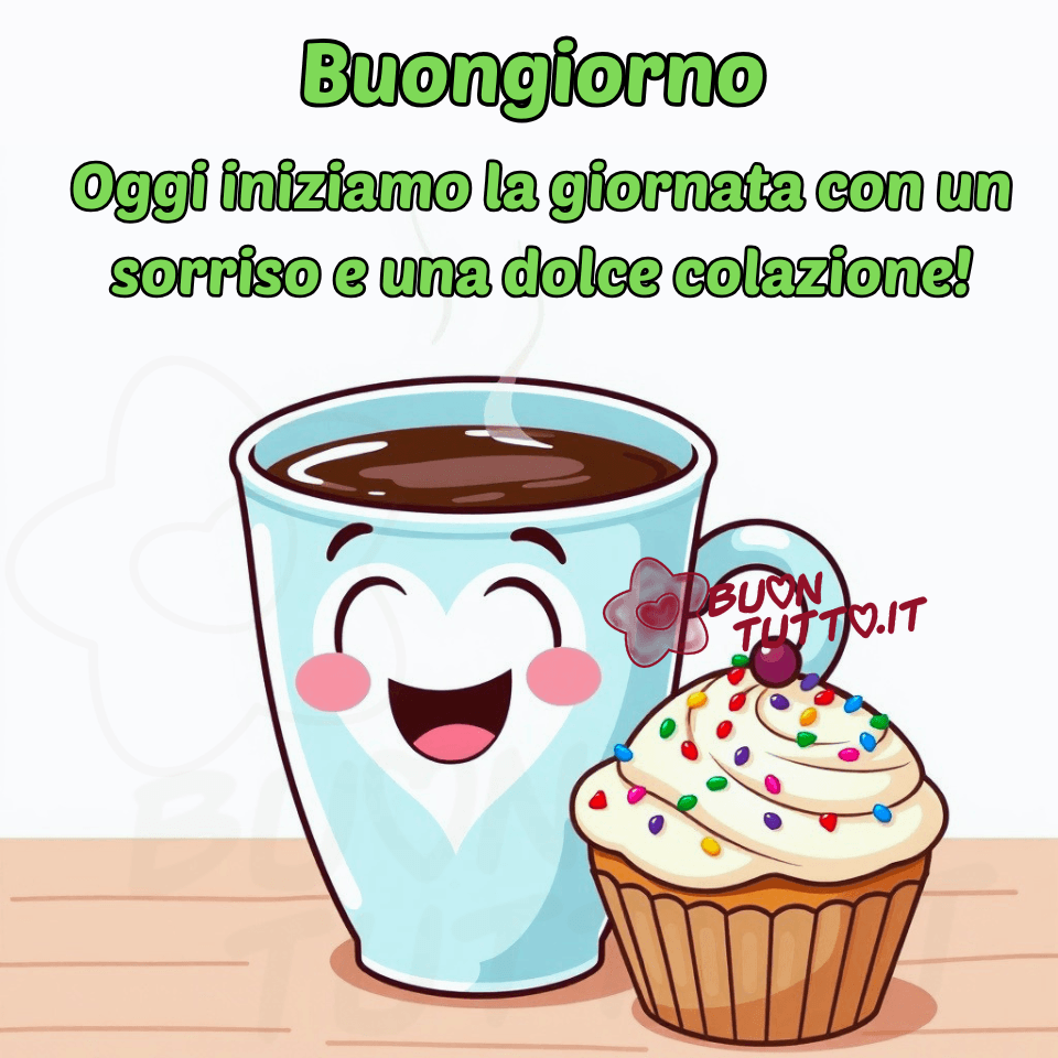 Disegno in primo piano in stile cartoon, realizzato con colori pastello, che raffigura una tazza sorridente e un goloso cupcake posizionati su un tavolo di legno chiaro. Le venature del legno, morbide e regolari, sono orientate orizzontalmente e creano un fondale naturale e caldo. La scena è illuminata da una luce soffusa che rende l’atmosfera accogliente. In primo piano si trova una tazzina di caffè azzurra, dal colore tenue e uniforme, simile al cielo delle prime ore del mattino. La superficie è liscia e leggermente lucida. Sulla parte frontale è disegnato un volto sorridente a forma di cuore bianco, con due piccoli occhi neri tondeggianti e un sorriso semplice e gentile che trasmette serenità. Alla destra della tazzina è posizionato un cupcake soffice e invitante. La base è color biscotto, avvolta nel tipico pirottino ondulato. La parte superiore è decorata con una crema bianca montata in un ricciolo alto e morbido, simile alla panna, impreziosita da zuccherini colorati che ricordano coriandoli di festa. In cima è presente una piccola decorazione rotonda, simile a una ciliegina simbolica che celebra l’inizio della giornata. Nella parte alta dell’immagine compare una frase scritta in caratteri corsivi morbidi e accoglienti, di colore verde brillante con contorno nero: “Buongiorno Oggi iniziamo la giornata con un sorriso e una dolce colazione!” L’immagine trasmette un senso di calore, gentilezza e buonumore, con un tono positivo e rassicurante: un invito a cominciare la giornata con leggerezza, come se la colazione stessa ci sorridesse. Perfetta per una raccolta di nuove e bellissime immagini di buongiorno da scaricare gratis e condividere con amici, cari, familiari, parenti e gruppi tramite WhatsApp, Facebook, X Twitter, Pinterest, Telegram, LinkedIn, Instagram e tutte le tue piattaforme social preferite. Autore BuonTutto.it 