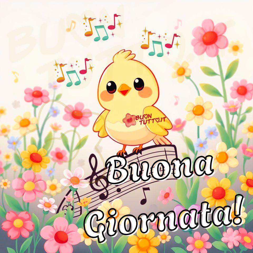 immagini-buongiorno-buona-felice-giornata-gratis-uccellino-giallo-sorridente-da-scaricare-condividere-fiori-note-musicali-auguri-mattino-pentagramma-bellissima-cartoon-buontutto