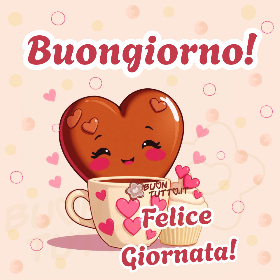 immagini-buongiorno-gratis-cuore-sorridente-caffe-cupcake-felice-giornata-da-scaricare-condividere-frasi-dolci-auguri-mattino-amore-amicizia-bellissima-cartoon-buontutto Disegno in primo piano di una tazza da caffè color panna, dalla forma arrotondata e con un manico morbido, decorata con piccoli cuori rosa che sembrano dipinti a mano, come un gesto affettuoso del mattino. Accanto alla tazza, su un piano non visibile ma suggerito dalla composizione, leggermente spostato verso destra, si trova un cupcake soffice: la base è avvolta in un pirottino chiaro, mentre la parte superiore è ricoperta da una glassa liscia e chiara. Sulla glassa sono posati piccoli cuori decorativi che riprendono la palette rosa dell’immagine e aggiungono un tocco di festa e dolcezza. Dietro la tazza e il cupcake si erge un grande cuore antropomorfo, di colore cioccolato, sorridente e luminoso, con gli occhi semiaperti in un’espressione di serenità. Il volto trasmette calma, affetto e un senso di accoglienza; la bocca sorridente comunica calore e gentilezza. Pur senza braccia visibili, la posizione del cuore dà l’impressione di un abbraccio simbolico verso gli oggetti in primo piano, come se volesse avvolgere chi guarda in un gesto di dolcezza. Lo sfondo è un rosa tenue, punteggiato da piccoli cuori e cerchi decorativi che creano un’atmosfera giocosa e leggera. Nella parte alta dell’immagine compare la scritta “Buongiorno!” in un carattere corsivo morbido e amichevole, di colore bordeaux con contorno bianco; nella parte bassa, dello stesso stile ma leggermente inclinata, appare la frase “Felice Giornata!”. L’insieme crea un augurio semplice, luminoso e positivo, perfetto per iniziare la giornata con un sorriso. Un’immagine dolce, affettuosa e ricca di colori, da scaricare gratis e condividere con amici, familiari, parenti e gruppi tramite WhatsApp, Facebook, X Twitter, Pinterest, Telegram, LinkedIn, Instagram e tutte le tue piattaforme social preferite. Autore BuonTutto.it