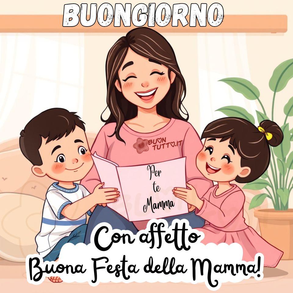 Poesie e filastrocche per la Festa del Mamma: Questa immagine dolce e ricca d’amore mostra una mamma che riceve un biglietto speciale dai suoi bambini, contenente una poesia e una filastrocca dedicate a lei. Un gesto semplice e tenero che diventa simbolo di affetto, gratitudine e amore 