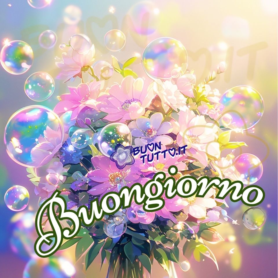 Bouquet di fiori in toni rosa, viola e bianco, avvolto da bolle di sapone luminose su uno sfondo pastello morbido e sfumato. L’immagine trasmette un’atmosfera delicata, sognante, positiva, colorata e armoniosa, arricchita dalla scritta 'Buongiorno' in elegante calligrafia bianca con contorno verde, disposta in forma semi‑circolare sotto il centro della composizione. Perfetta per messaggi di buongiorno, auguri, saluti mattutini e contenuti da condividere sui social. Autore: BuonTutto.it