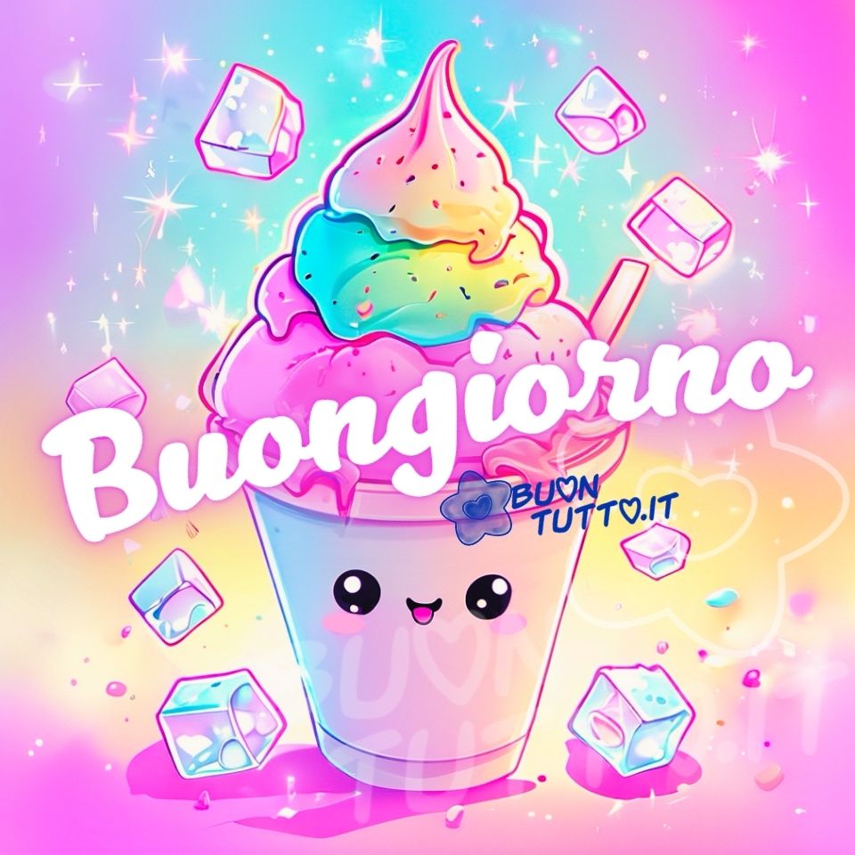 Immagine colorata e allegra con una tazza di gelato soft‑serve in stile cartoon, decorata con un volto sorridente e con strati di crema dai colori pastello rosa, giallo, verde e azzurro, arricchiti da zuccherini colorati. Intorno al gelato fluttuano cubetti di ghiaccio e piccole scintille luminose che creano un’atmosfera fresca, gioiosa e spensierata. Lo sfondo è un morbido gradiente di tonalità pastello, dal rosa al blu al giallo, che dona un effetto luminoso e positivo. In primo piano compare la scritta 'Buongiorno' in caratteri grandi, bianchi e giocosi, perfetta per un messaggio di buon risveglio. Immagine ideale per augurare buona giornata.  Autore: BuonTutto.it