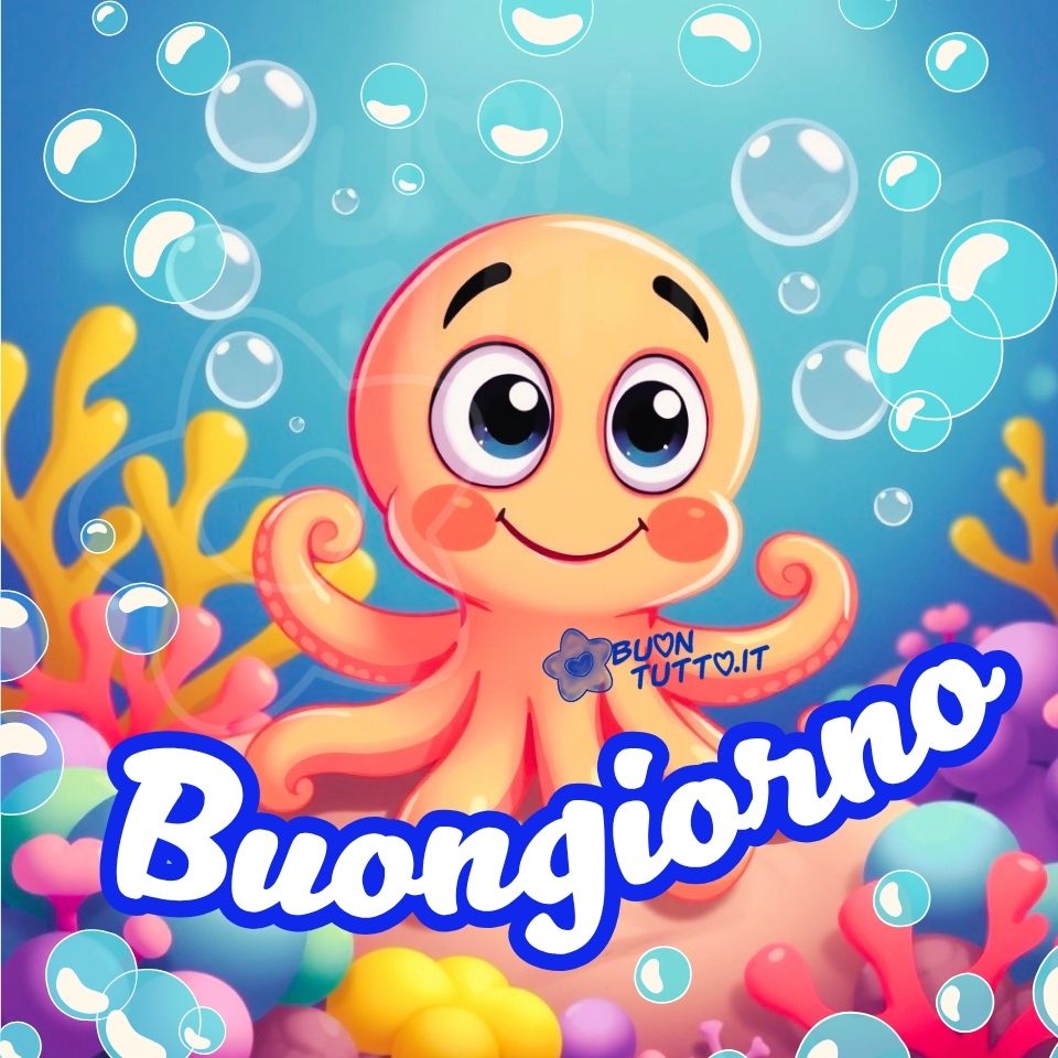 Disegno di un polpo arancione dal volto sorridente, realizzato in stile cartoon, con occhi grandi ed espressivi che trasmettono simpatia e leggerezza. Il polpo è immerso in un ambiente marino luminoso, dove il blu del fondale sfuma in tonalità più chiare verso l’alto, creando un effetto di profondità e serenità. Attorno a lui si trovano coralli colorati, mentre bolle trasparenti salgono verso la superficie. Sopra il personaggio compare la scritta 'Buongiorno', in caratteri grandi, bianchi e contornati di azzurro, che richiama la freschezza del mare. L’immagine trasmette positività, dolcezza e buonumore, ideale per la condivisione. Autore: BuonTutto.it