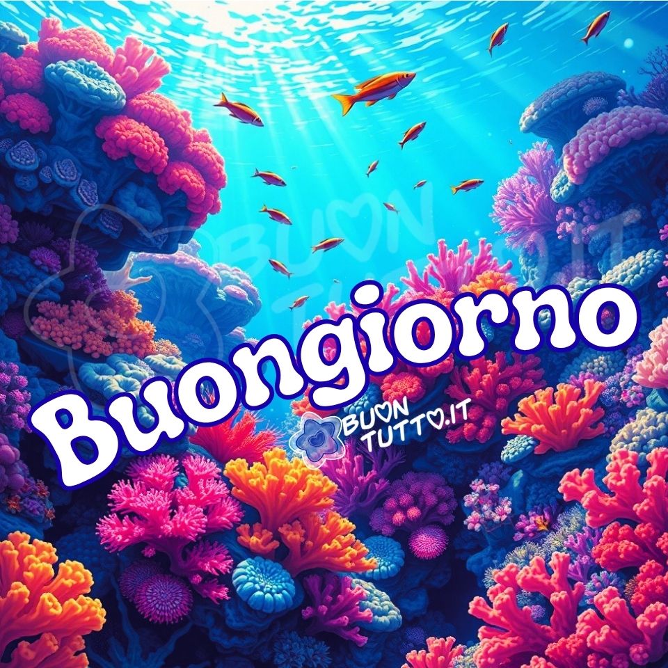 Illustrazione di un paesaggio subacqueo vibrante e luminoso, caratterizzato da una barriera corallina ricca di forme e colori. In primo piano si estendono coralli rosa, arancioni, viola e blu che si intrecciano come piccoli giardini sommersi, mentre tra le loro ramificazioni nuotano pesci di piccola taglia dalle pinne delicate e dai movimenti rapidi. L’acqua è limpida e attraversata da fasci di luce che scendono dall’alto, creando riflessi morbidi sulle superfici dei coralli. Il colore dominante è un azzurro intenso che sfuma verso il turchese avvicinandosi alla superficie. Al centro dell’immagine appare la parola 'Buongiorno', scritta in caratteri grandi, bianchi, con contorno blu e disposta in forma semi‑circolare. L’atmosfera complessiva è fresca, positiva e luminosa, pensata per trasmettere energia, meraviglia e un augurio di buon inizio giornata Autore: BuonTutto.it