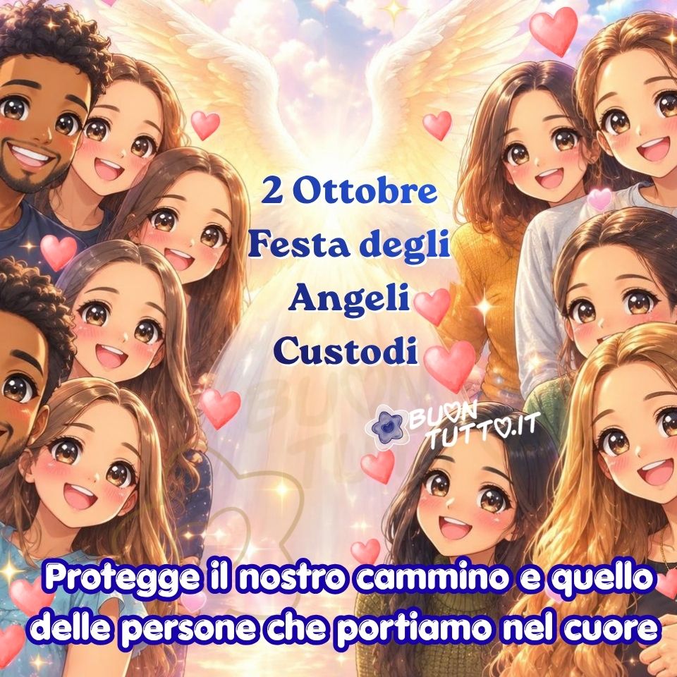 Nel centro dell’immagine appare la scritta, in carattere sfumato d’azzurro: '2 Ottobre Festa degli Angeli Custodi'; nella parte bassa, in un carattere corsivo bianco con contorno blu e leggere sottolineature, la frase: 'Protegge il nostro cammino e quello delle persone che portiamo nel cuore'. Un’immagine ideale per celebrare la festa cattolica degli Angeli Custodi, perfetta per la condivisione gratuita di immagini dedicate alla fede, alla protezione divina, agli auguri religiosi e ai contenuti motivazionali. Autore: BuonTutto.it